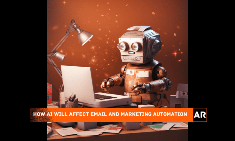 A robot at a desk, pondering how AI will impact email and marketing automation.