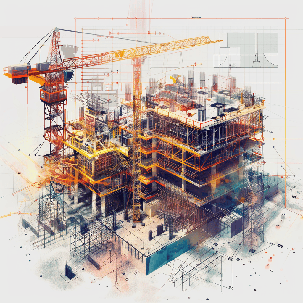 Illustration of a detailed architectural construction site with a crane and overlaid blueprints, highlighting various stages of building development.