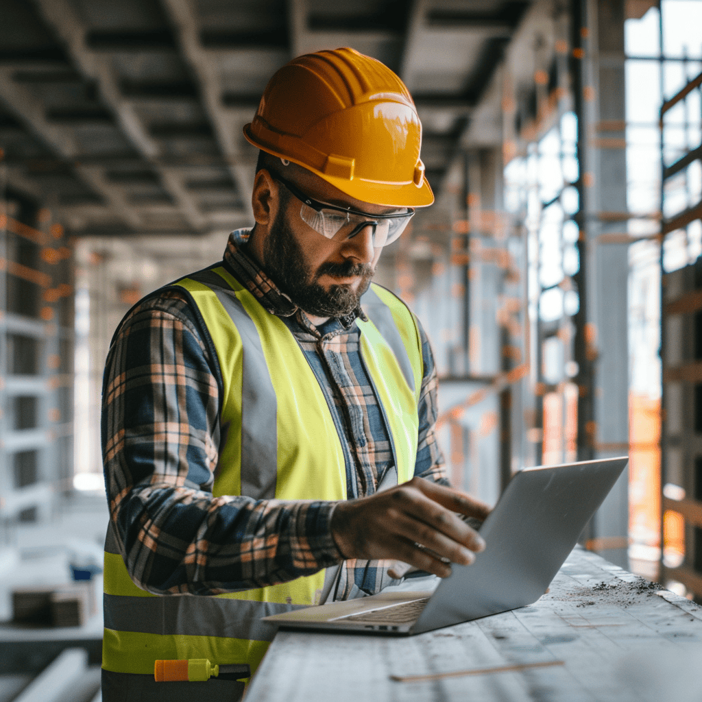 A construction worker in a high-visibility vest and helmet using a laptop on a work site.