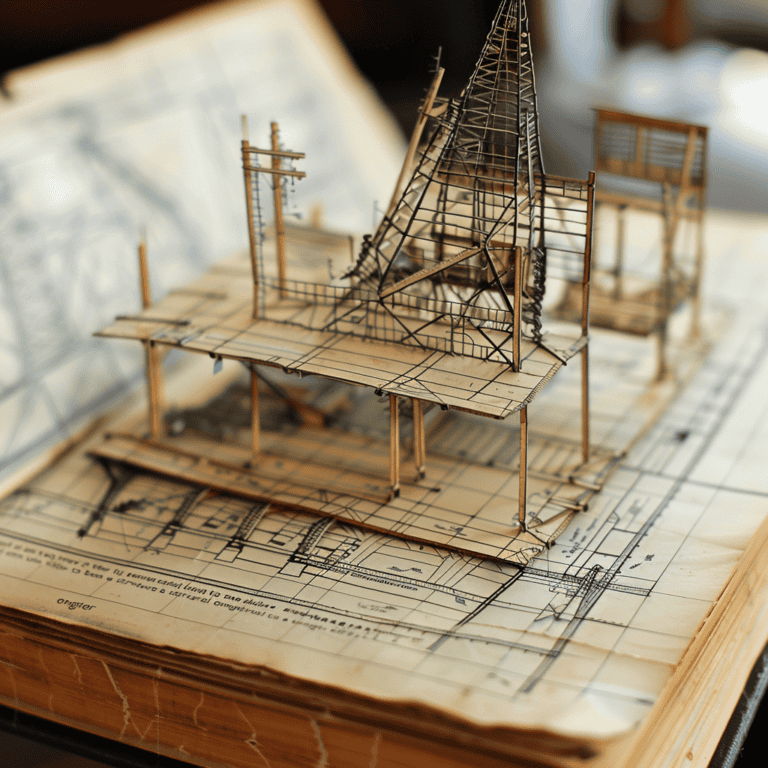 A small architectural model made of wood sits on open pages of a book with detailed construction drawings.