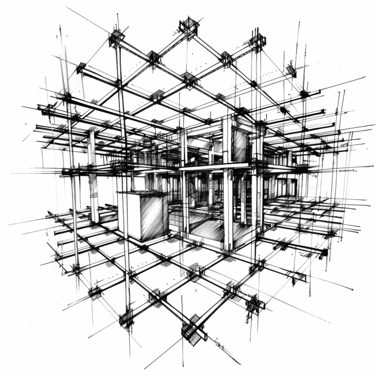 A complex black and white architectural sketch showing a detailed wireframe structure of a building with multiple intersecting lines and geometric shapes.