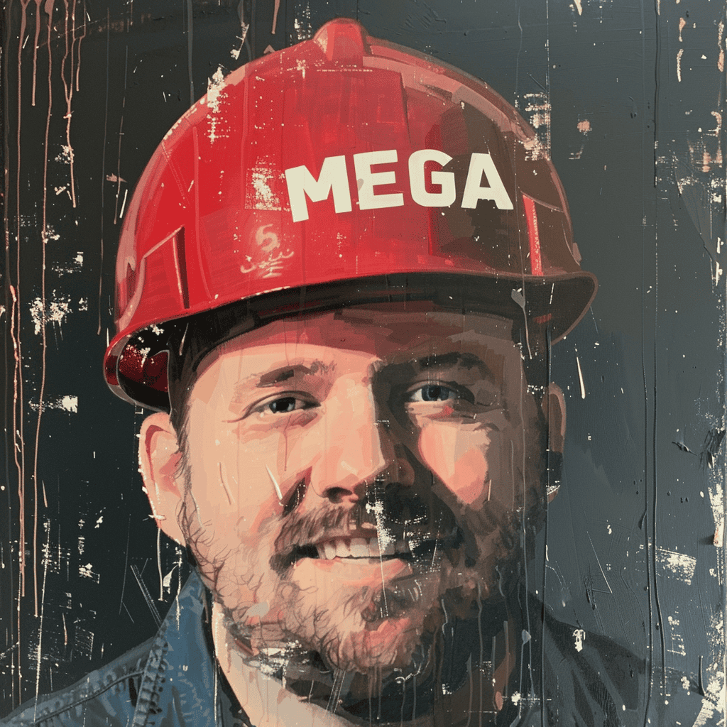 A man wearing a red hard hat with "MEGA" written on it smiles at the camera, in a textured artistic style against a black background, perfect for your homepage.